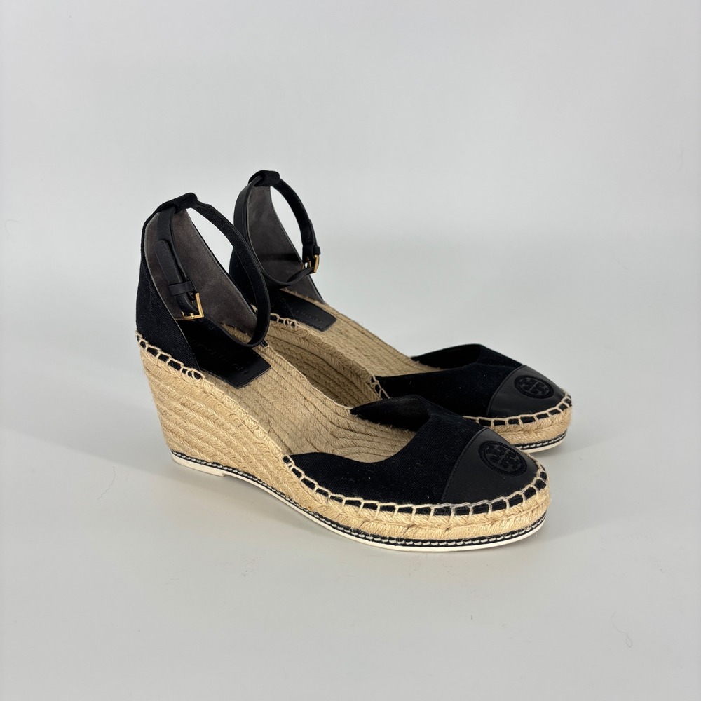 Tory Burch Color-Block Wedge Espadrille Sandals Black Women Size 9 Round Cap Toe